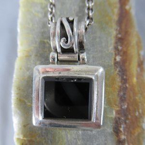 Sterling Silver Onyx Pendant, Artisan Rolo Chain
